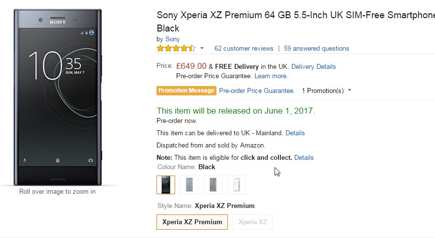 sony xperia xz premium pre-orders started on amazon uk, shipment by 1st june