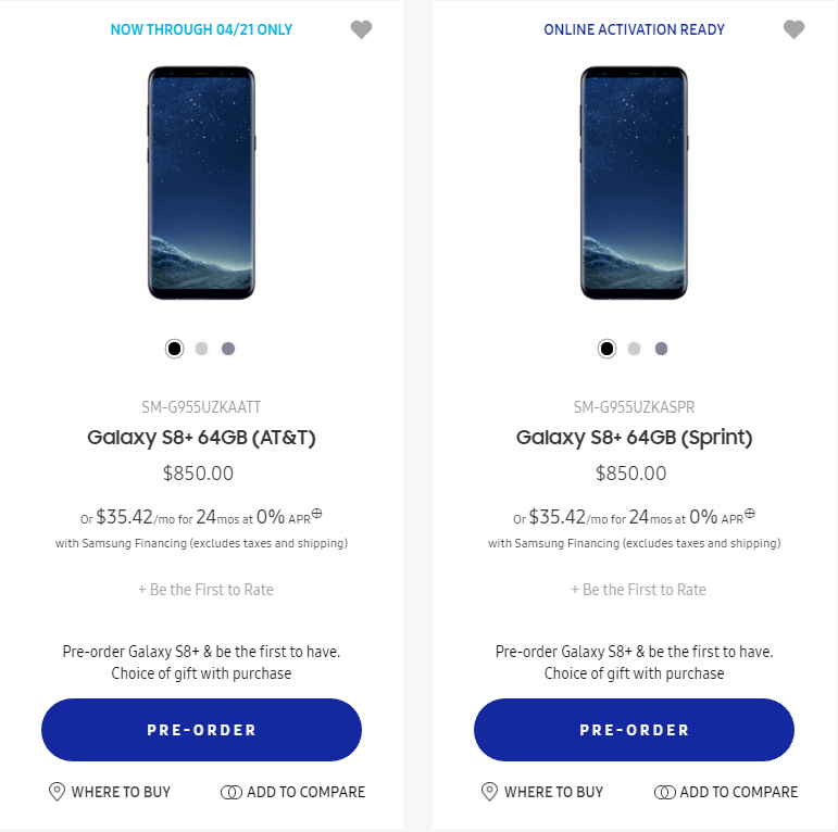 unlocked samsung galaxy s8 and galaxy s8+ are up for pre-orders in us