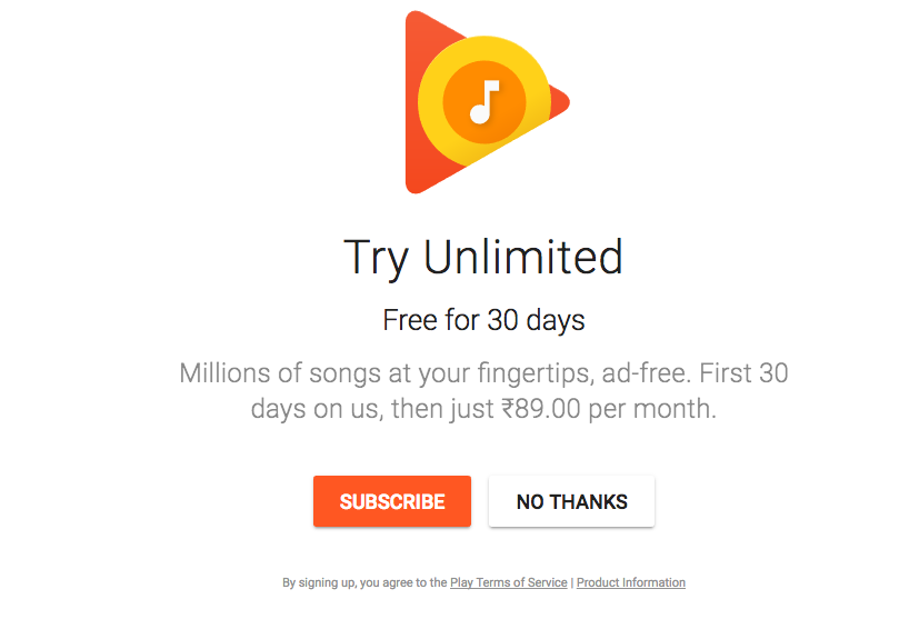 subscribe google play music in india for ₹89 per month
