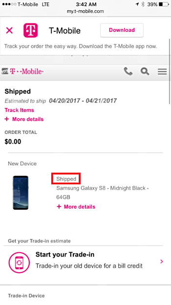 galaxy s8 t-mobile shipping
