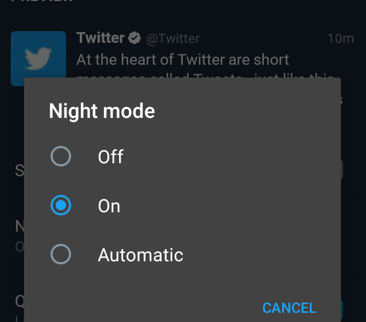 twitter experimenting automatic night mode on android app