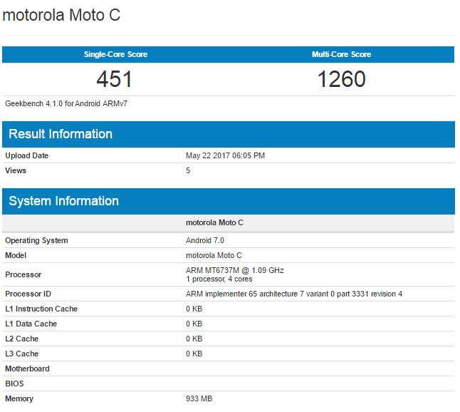moto c benchmarks scores showed up at geekbench