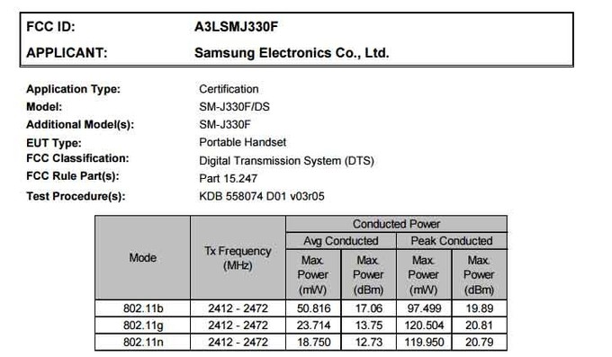 samsung galaxy j3 2017 spotted on fcc, with model numbers sm-j330f and sm-j330f/ds