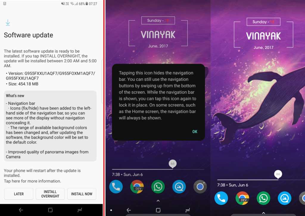 new update brings hide the navigation bar option on certain galaxy s8/s8+ models