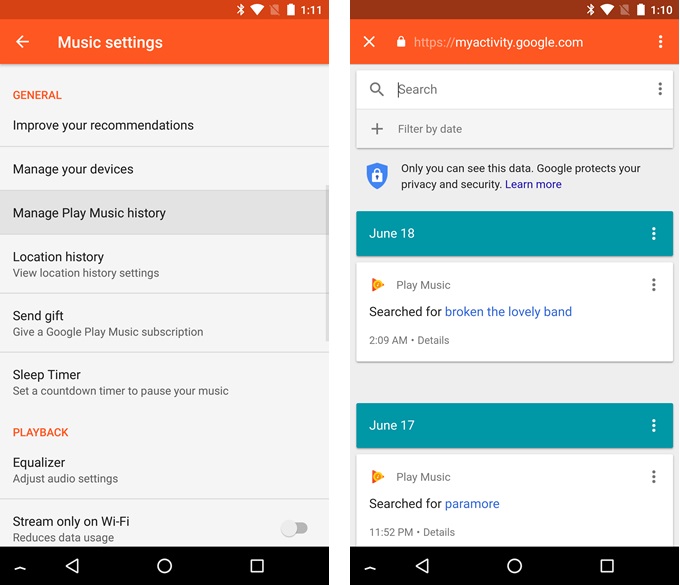 google play music update allows you to look at search history and brings notification channels