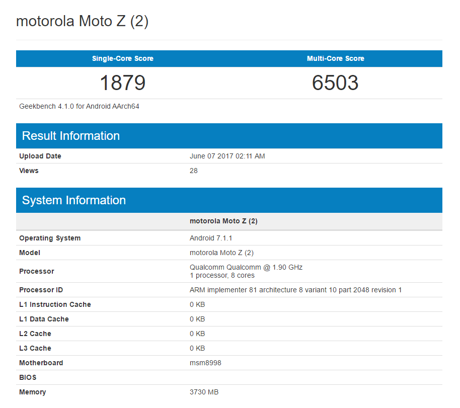 moto z2 passes through geekbench, key specs revealed