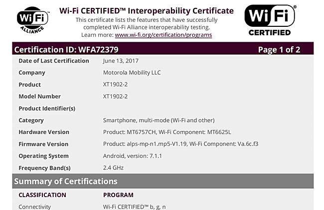 moto xt1902-3 with helio p20 soc, android 7.1.1 nougat gets wifi certification