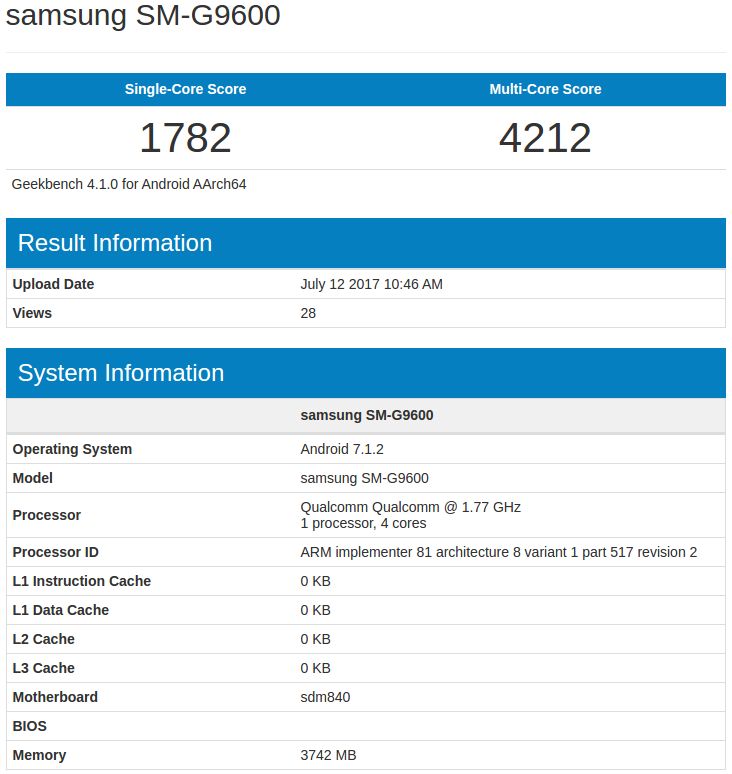 samsung sm-g9600 with snapdragon 840 soc appears on geekbench