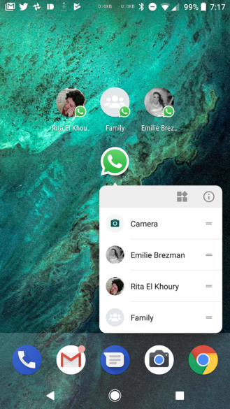 whatsapp adds app shortcuts to camera and recent chats