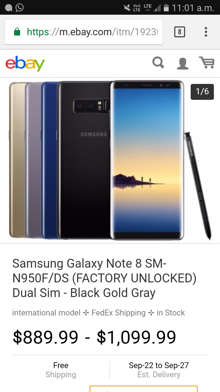 dual sim samsung galaxy note 8 up for sale in u.s. on ebay for $890