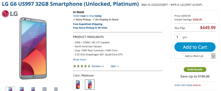 deal: b&h is offering unlocked lg g6 for just $449.99 ($250 off)