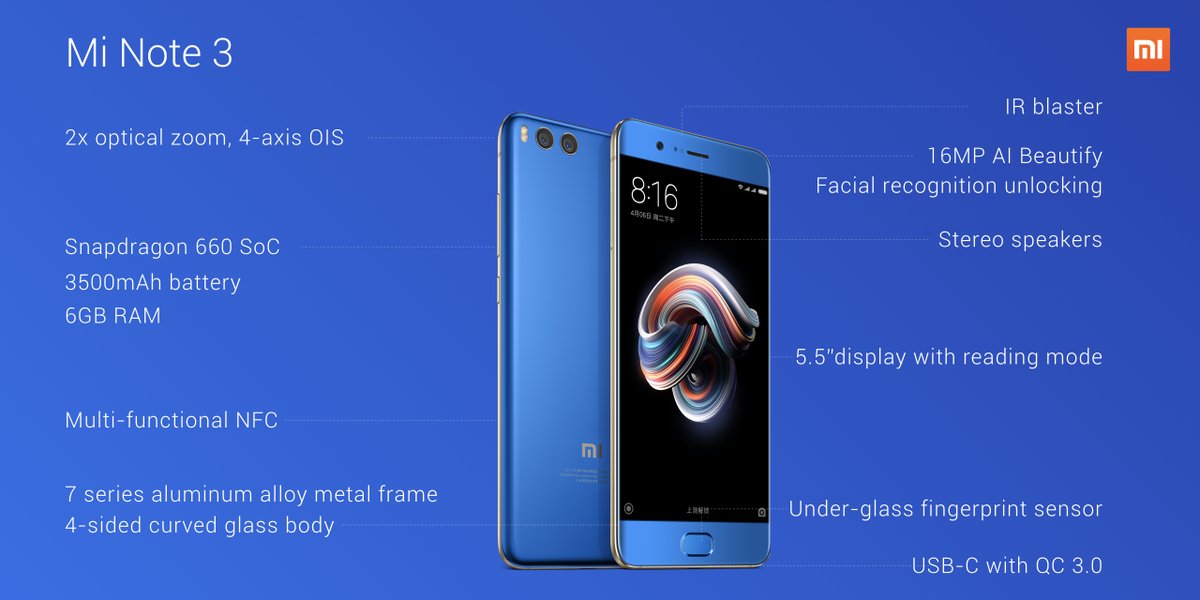 xiaomi announces mi note 3 featuring 5.5-inch display, dual rear cameras and more