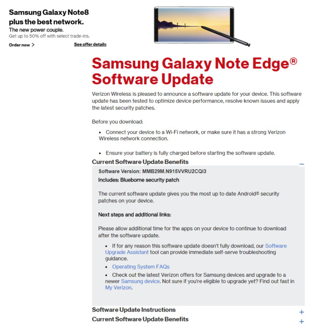 verizon update for galaxy note edge, galaxy note 4 fixes blueborne bug
