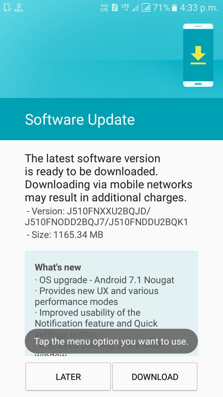 galaxy j5 2016 nougat 7.1.1 update arrives in india