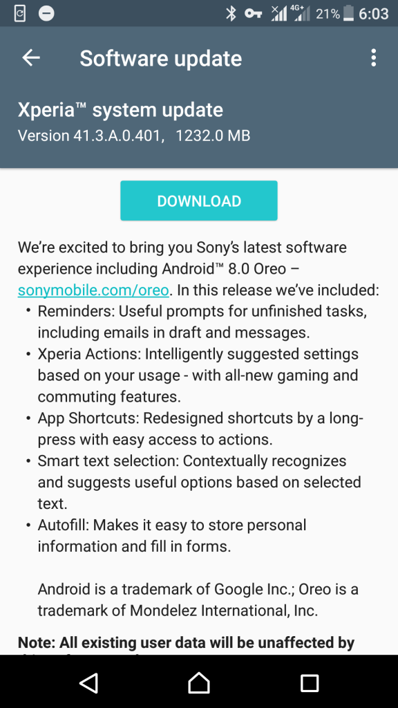 xperia xz oreo update