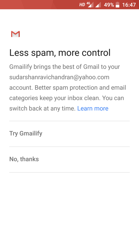 gmail gmailify prompt