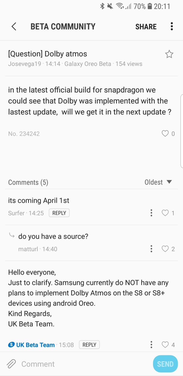 dolby atmos won't be featuring on galaxy s8/s8+ with final oreo build