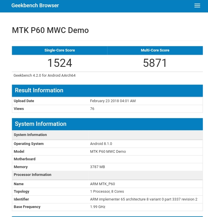 mediatek helio p60 soc spotted on geekbench, expected at mwc 2018
