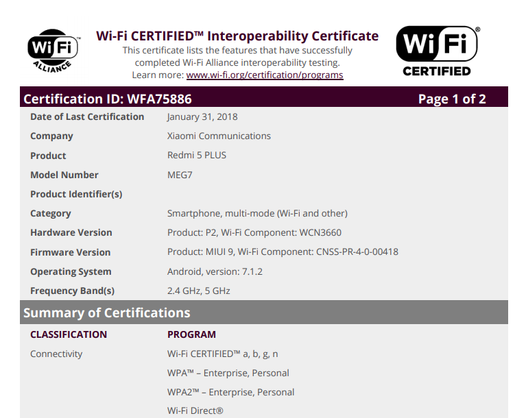 xiaomi redmi 5 plus certified by wi-fi alliance, global launch soon