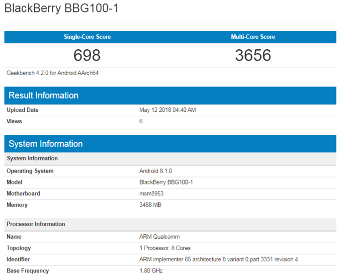 blackberry key2 lite appears on geekbench with model number (bbg100-1)