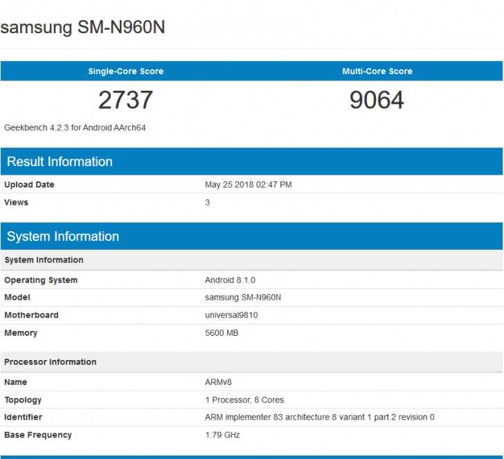 samsung galaxy note 9 got benchmarked on geekbench, specifications leaked