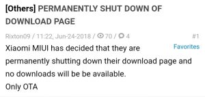 official miui rom download page offline for more than a fortnight