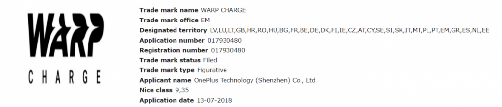 oneplus trademark filing indicates plausible rebrand of dash charge as warp charge