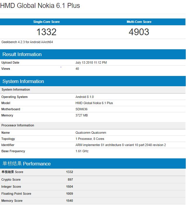 nokia 6.1 plus geekbench