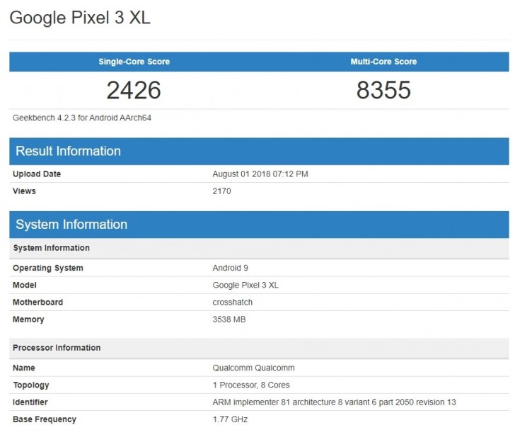 google pixel 3 xl spotted on geekbench, specs revealed