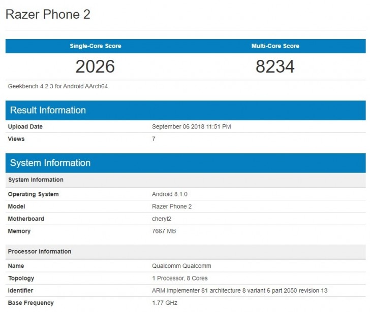 razer phone 2 spotted on geekbench with snapdragon 845 and 8gb of ram