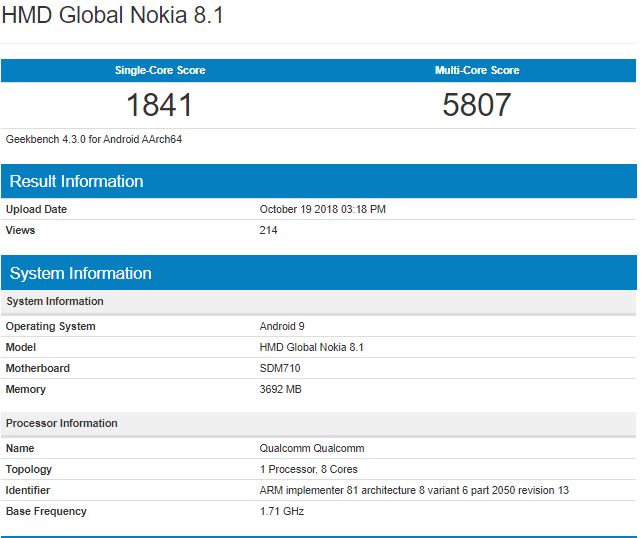 nokia 8.1 geekbench