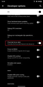 how to force dark mode in third party apps on android 10