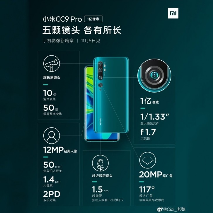 xiaomi mi cc9 pro camera details teased via weibo; specifications leak via tenaa