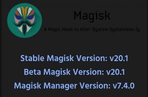 download the latest magisk 20.1 with new magiskhide for android 9.0+