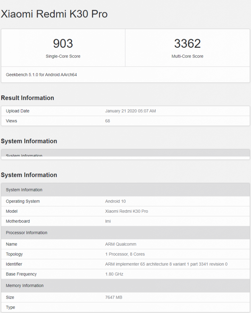 redmi k30 pro geekbench