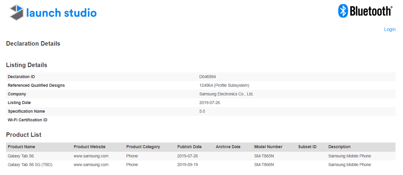 samsung galaxy tab s6 5g bluetooth sig