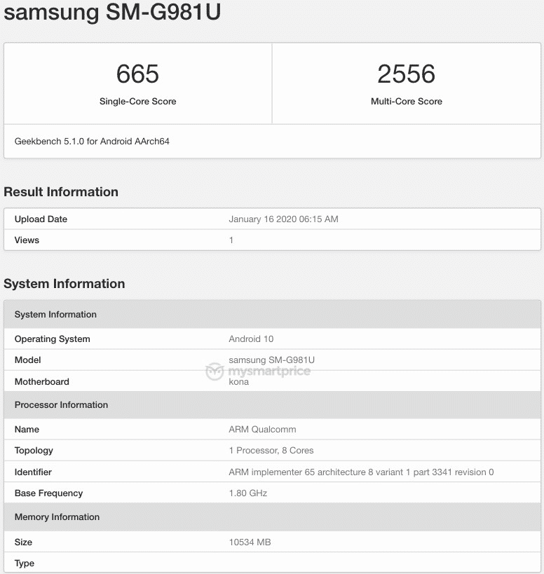 samsung galaxy s20 geekbench scores