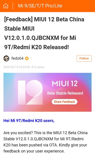 xiaomi starts rolling out miui 12 stable update to redmi k20 aka mi 9t