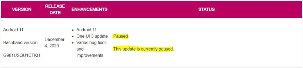t-mobile halts one ui 3.0 update for galaxy s20 without citing the reason
