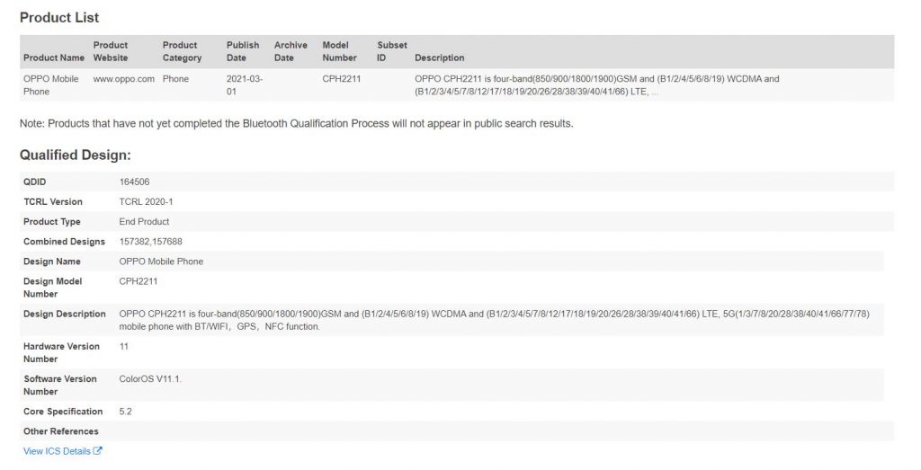 oppo reno 5z bluetooth sig