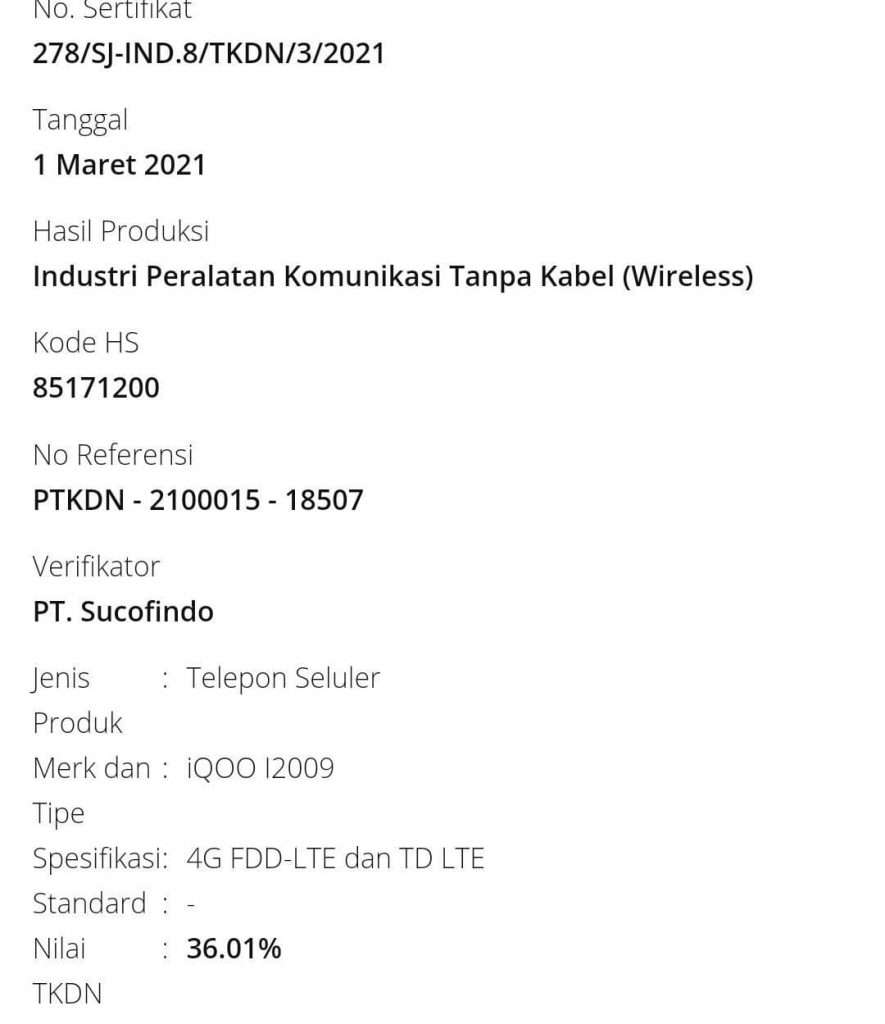 iqoo i2009 (iqoo 7) and vivo v2044 spotted at tkdn indonesia