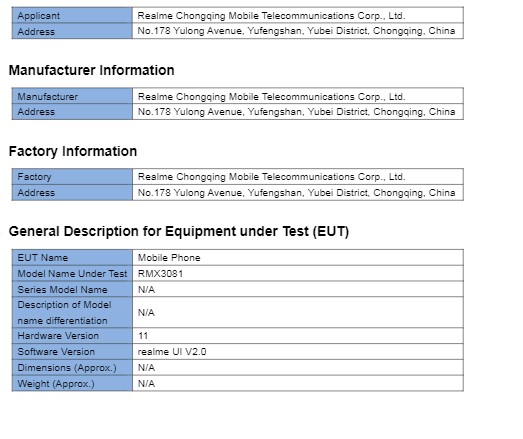 realme rmx3081 makes appearance on fcc with 4500mah battery and 65w charger