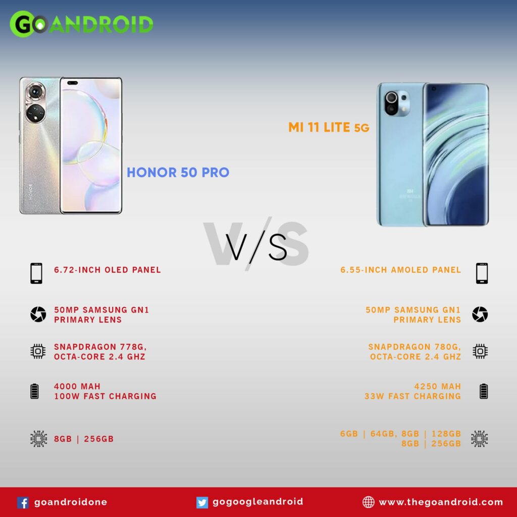 comparison of honor 50 pro vs mi 11 lite 5g - upper mid range devices