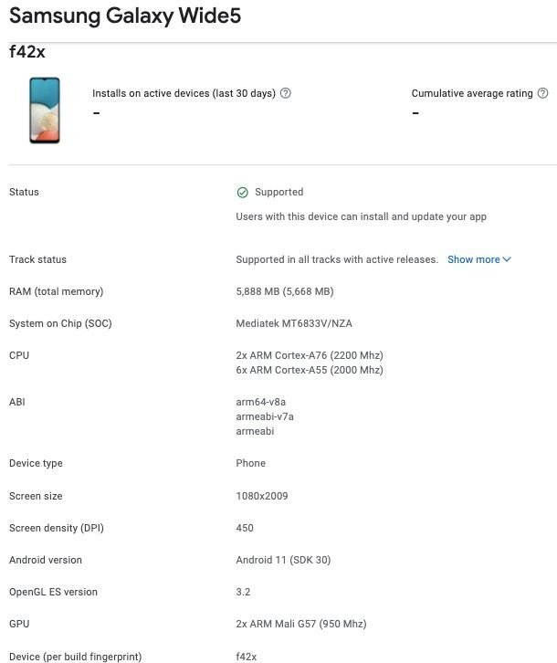 samsung galaxy wide5 spotted on google play console