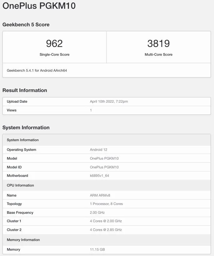 oneplus ace visits geekbench with mediatek dimensity 8100 soc