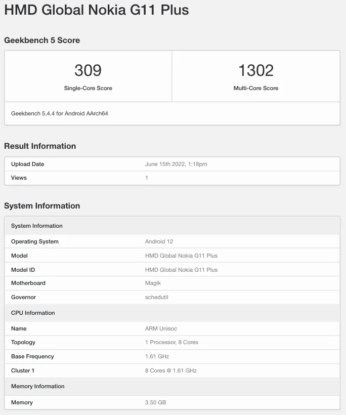 nokia g11 plus arrives on geekbench, confirms unisoc t606 soc underneath