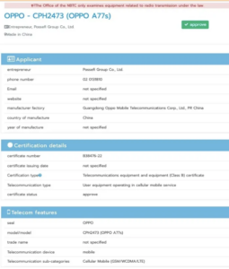 oppo a77s has been detected in the nbtc, bis, and eu declaration databases, suggesting that they will be available shortly.