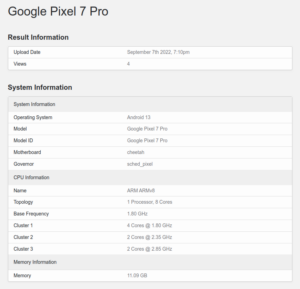 the google pixel 7 pro benchmark reveals the tensor g2's cpu and gpu specifications.