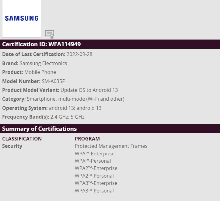 samsung galaxy a03 spotted on wifi alliance running android 13