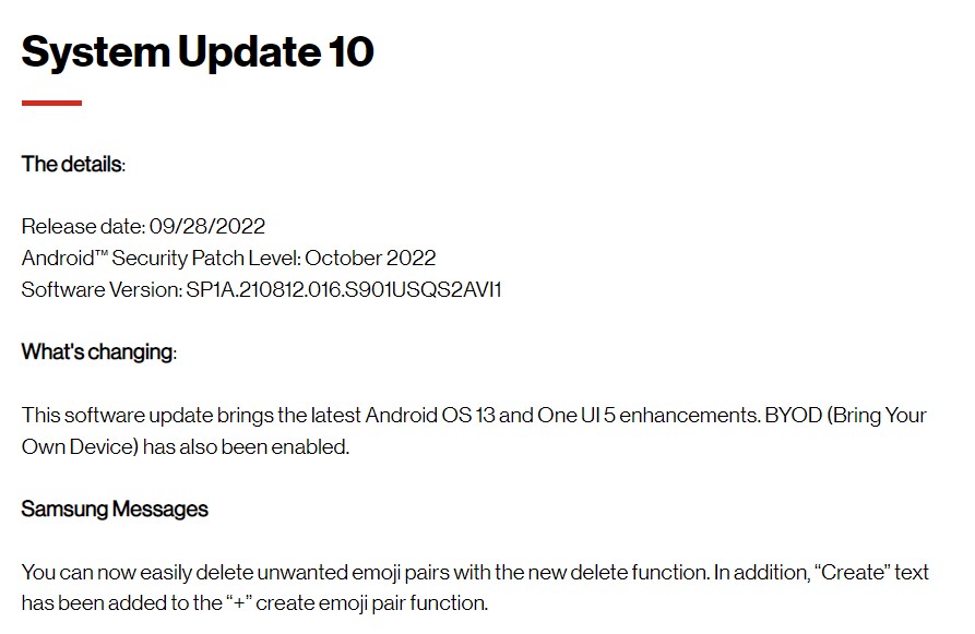 verizon inadvertently posts android 13 changelog for the samsung galaxy s22 update